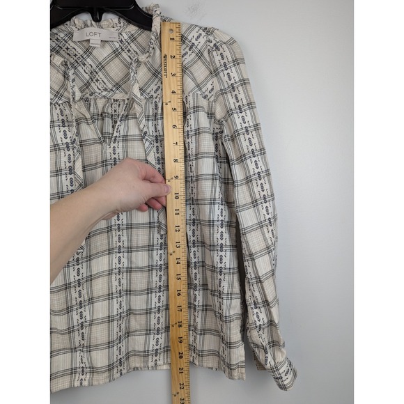 Ann Taylor Loft Plaid Ruffle Tie Neck Blouse Shirt Top Size XXSP Long Sleeve - Picture 6 of 8